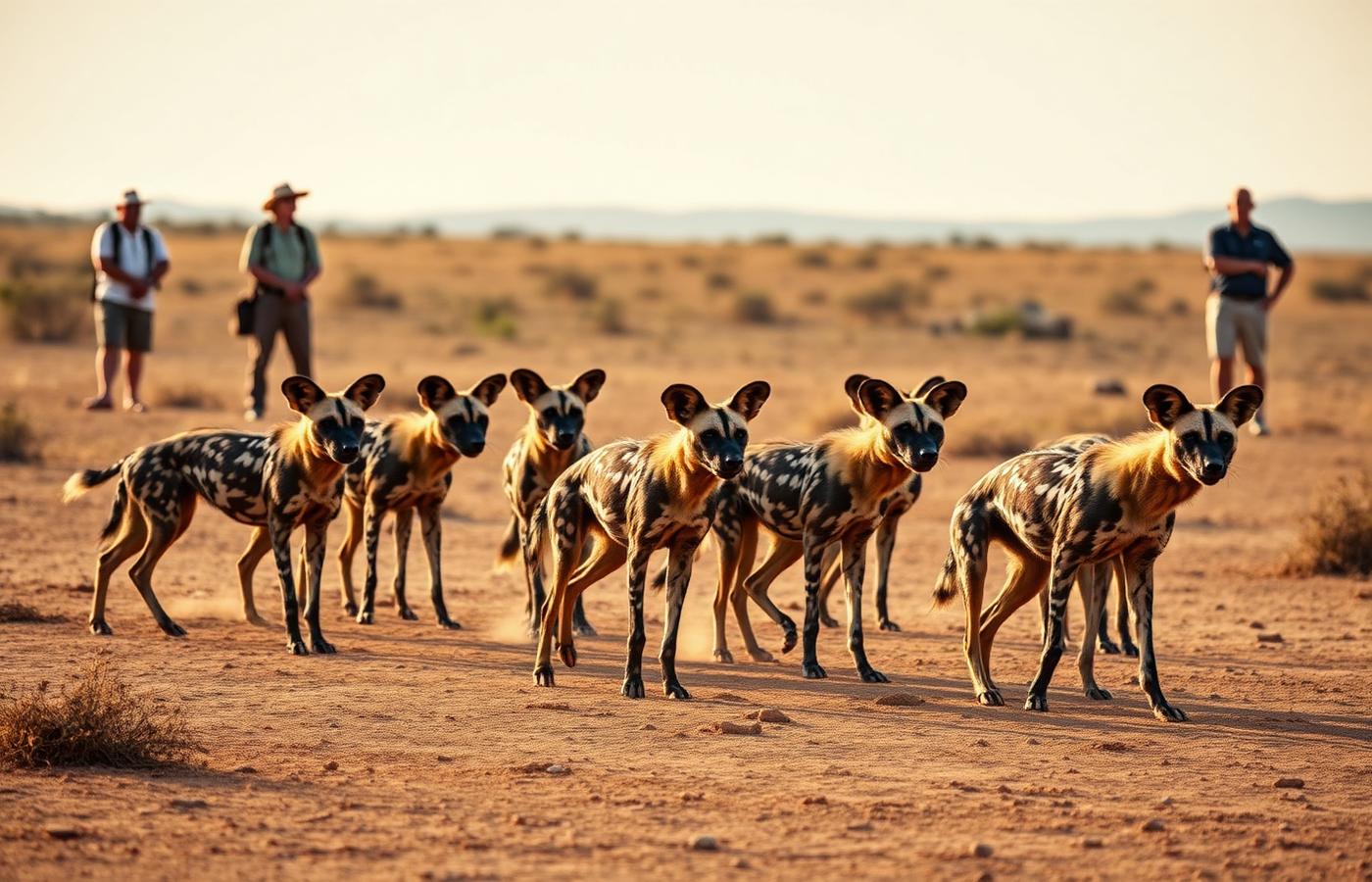 Guides observing African wild dogs on a walking safari